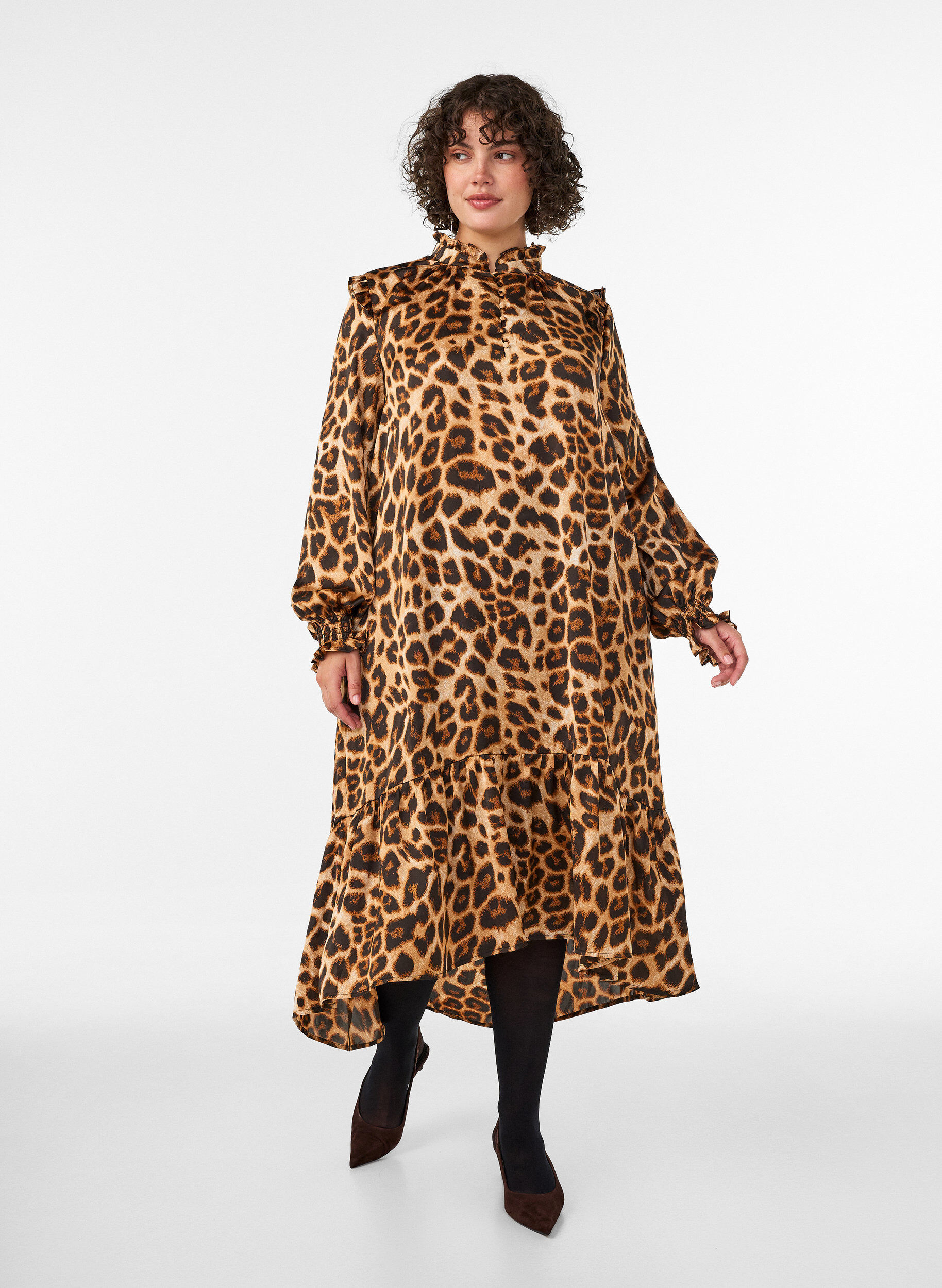 Jurk met luipaardprint en ruches, Bruin, Model