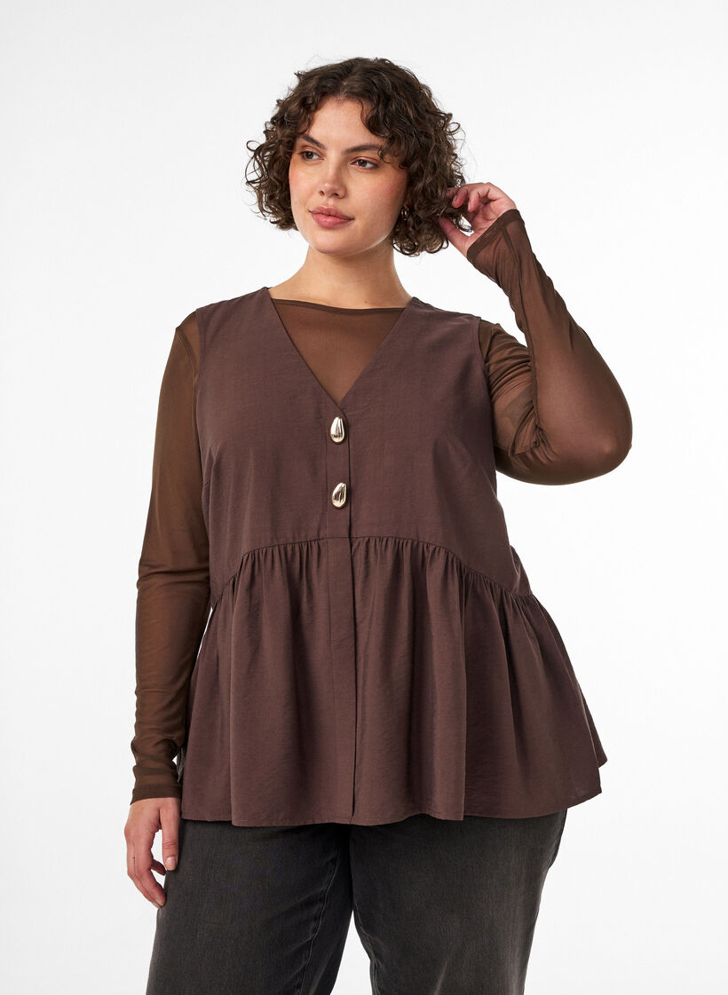 Mouwloze peplumblouse met decoratieve knopen, Bruin, Model image number 0