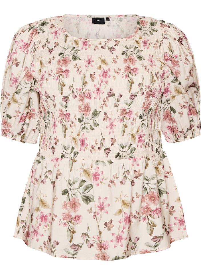Viscose blouse met smokwerk en peplum-effect, Vanille, Packshot image number 0