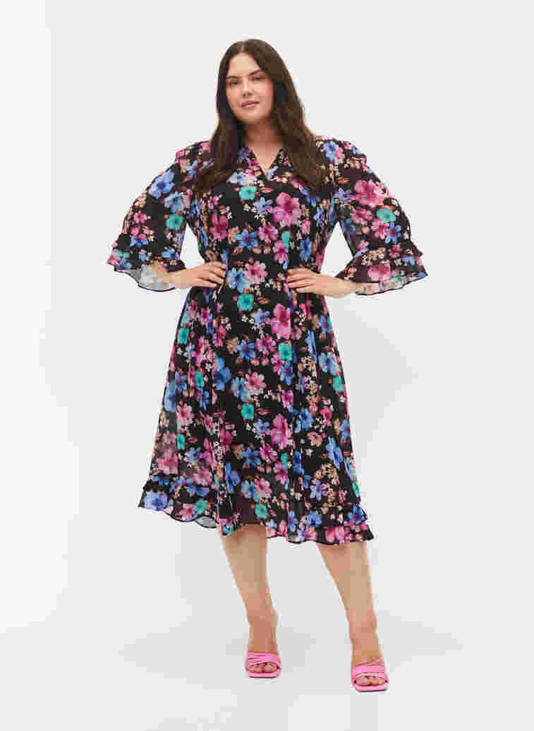 Gebloemde midi-jurk met v-hals, Bright Fall Print, Model image number 2