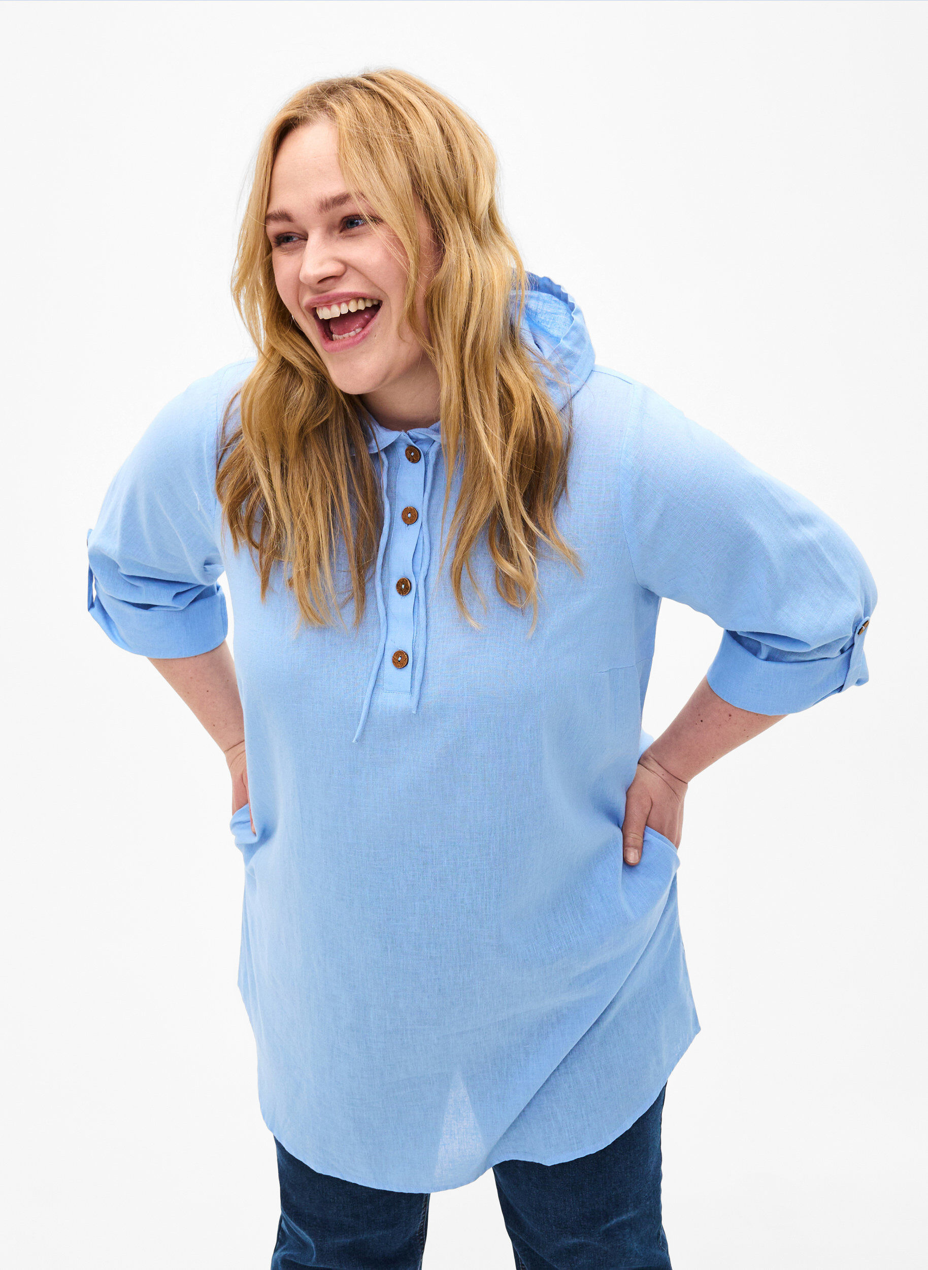 Zizzi Tuniek met capuchon van katoen en linnen, Serenity, Model image number 0