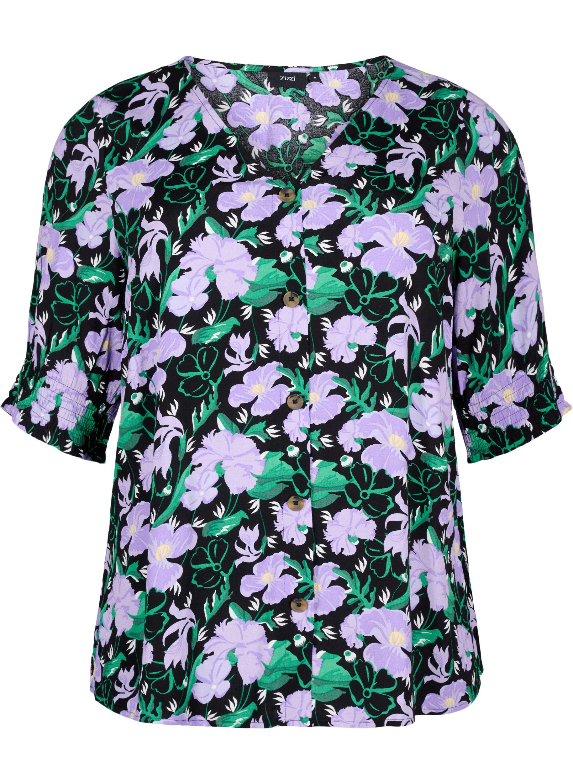 Zizzi Viscose blouse met knopen, Black Small Flower, Packshot image number 0
