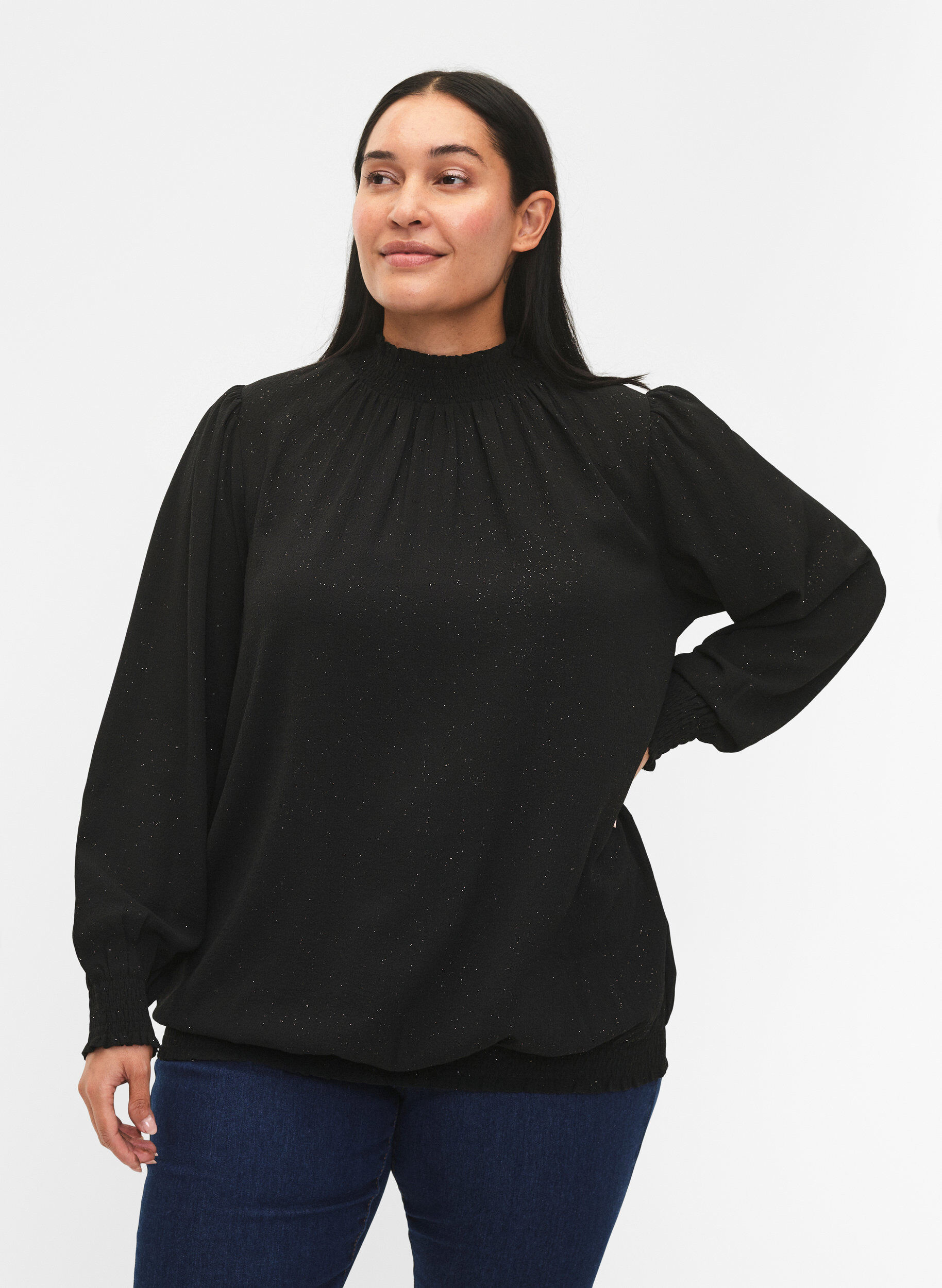 Zizzi FLASH - Blouse met lange mouwen, smok en glitter	, Black w. Silver, Model image number 0
