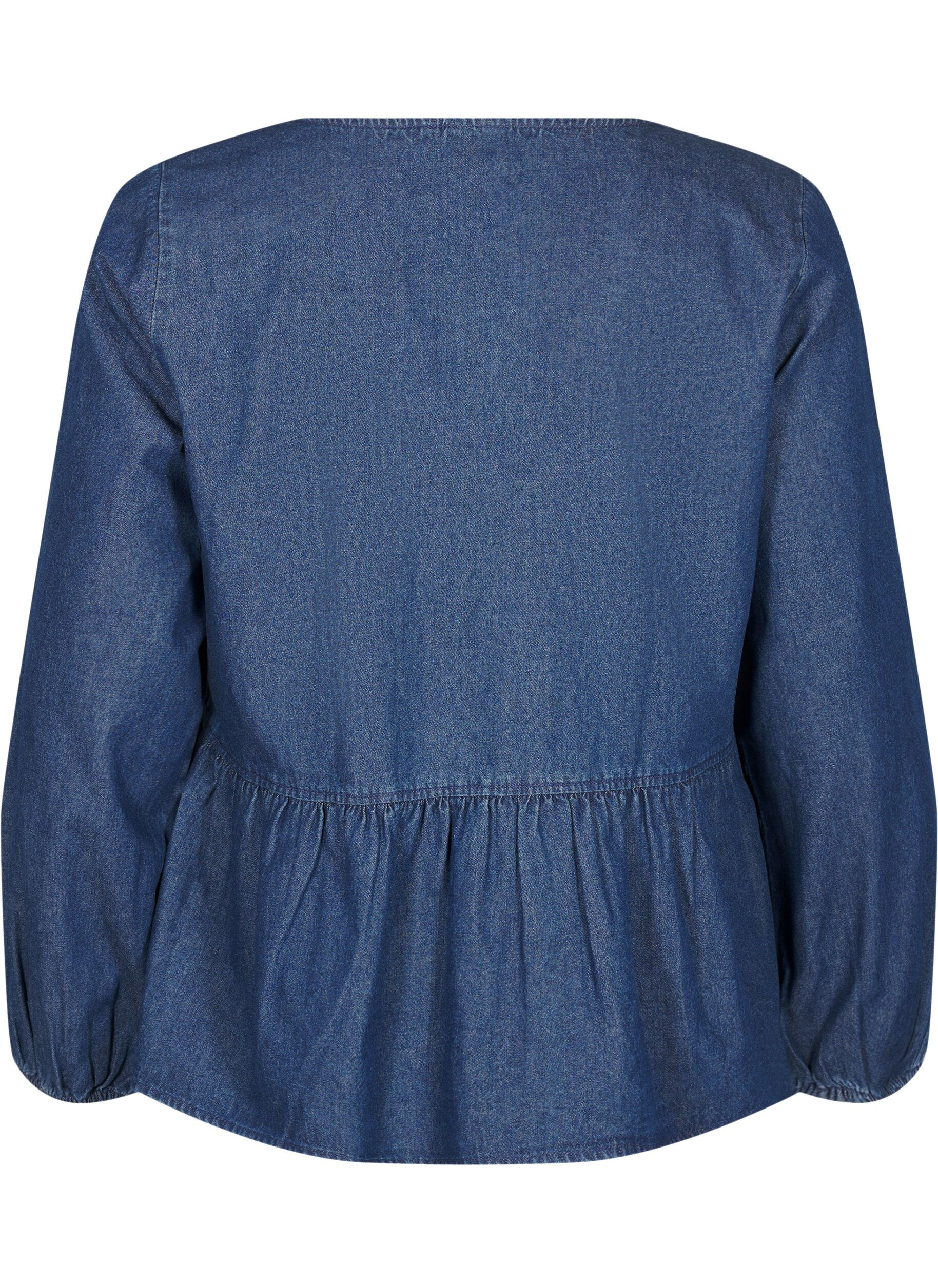 Zizzi Peplum blouse van denim met striksluiting, Blauw, Packshot image number 1
