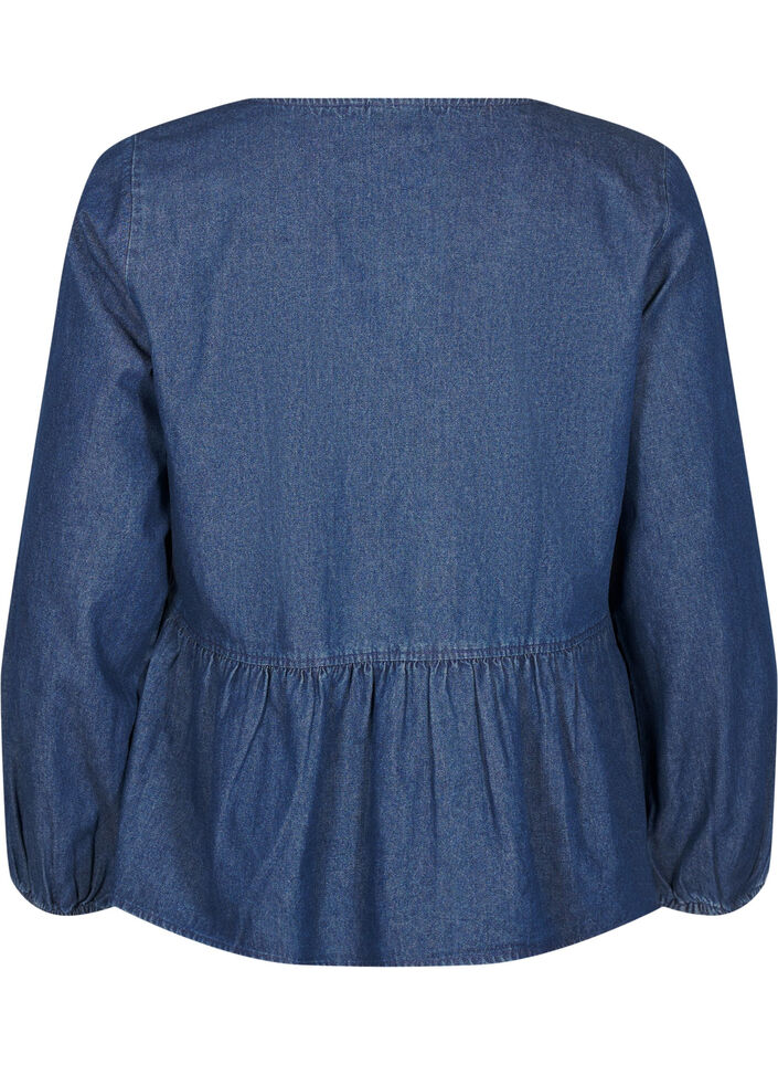 Peplum blouse van denim met striksluiting, Blauw, Packshot image number 1