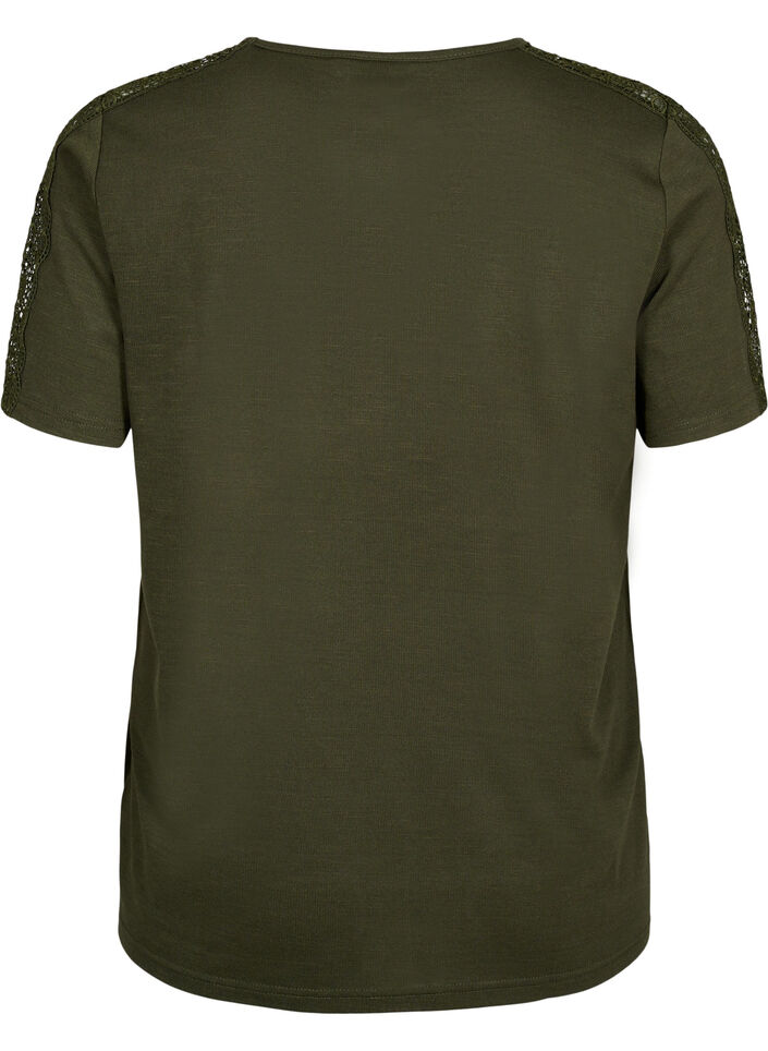 Blouse met korte mouwen, kant en v-hals, Forest Night, Packshot image number 1