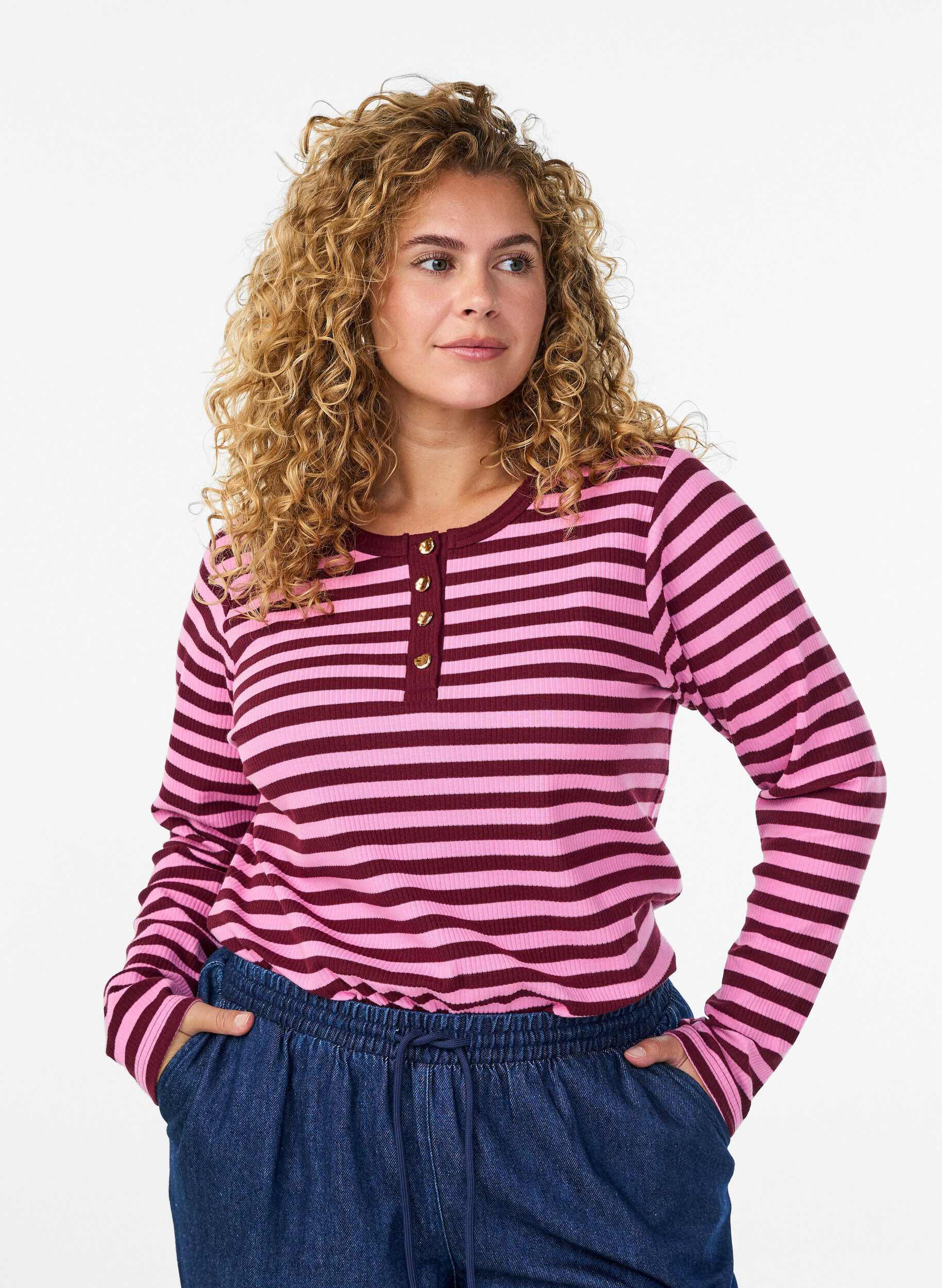 Zizzi Gestreepte jersey blouse met een geribde textuur, Roze, Model image number 0