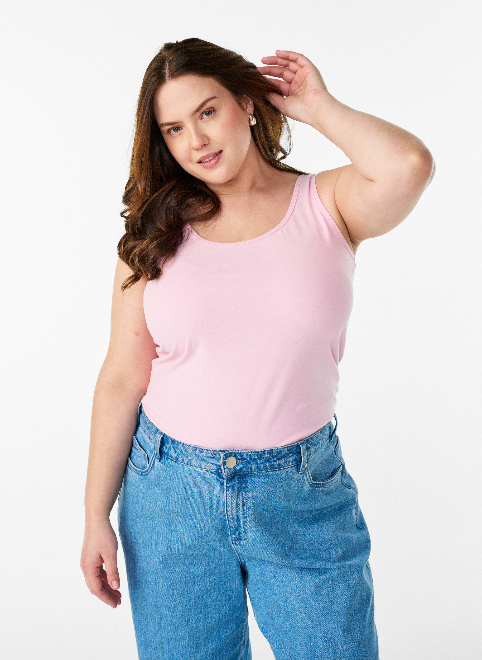 Zizzi Effen basic top in katoen, Roze, Model image number 0