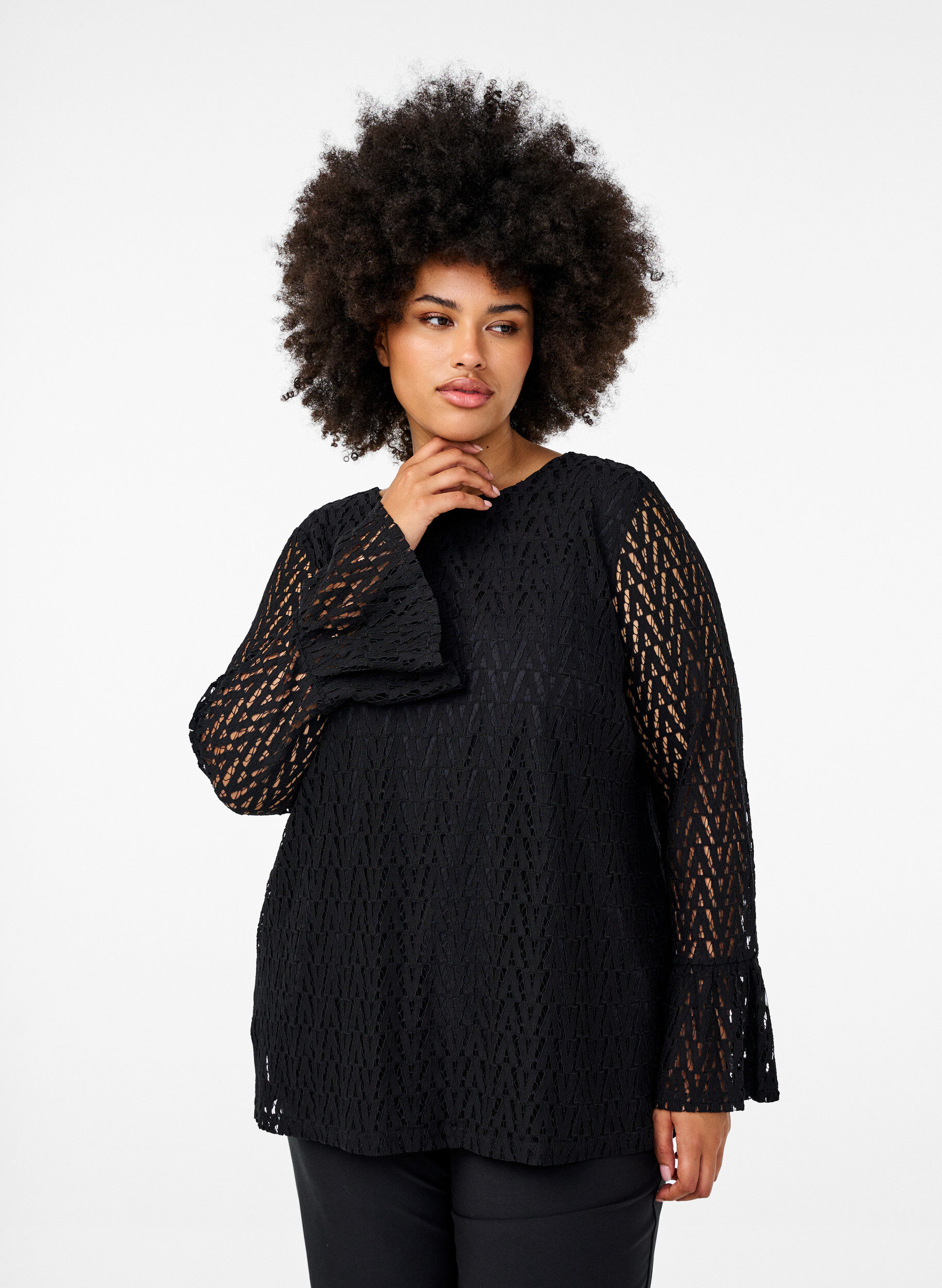 Zizzi Kanten blouse met geruffelde mouwen, Black, Model image number 0