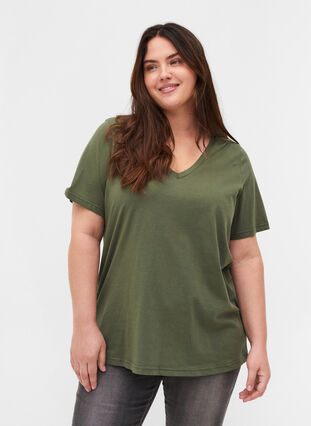 T-shirt in biologisch katoen met v-hals, Thyme, Model image number 0