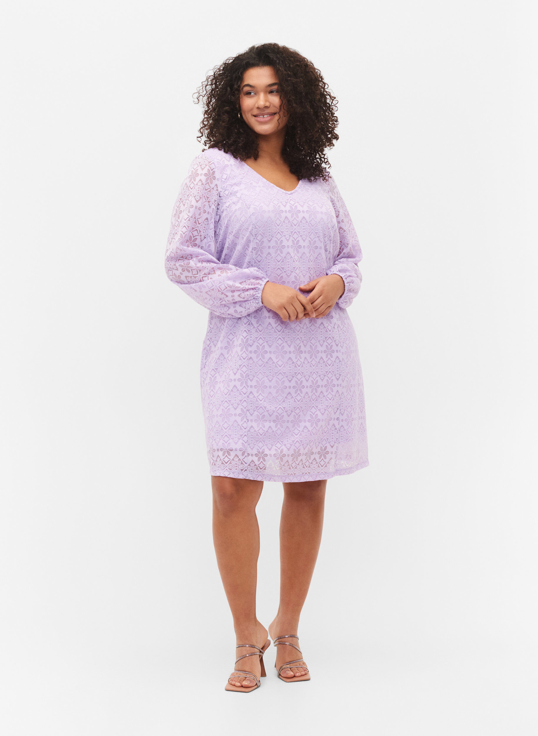 Zizzi Kanten jurk met v-snit en lange mouwen, Pastel Lilac, Model image number 3