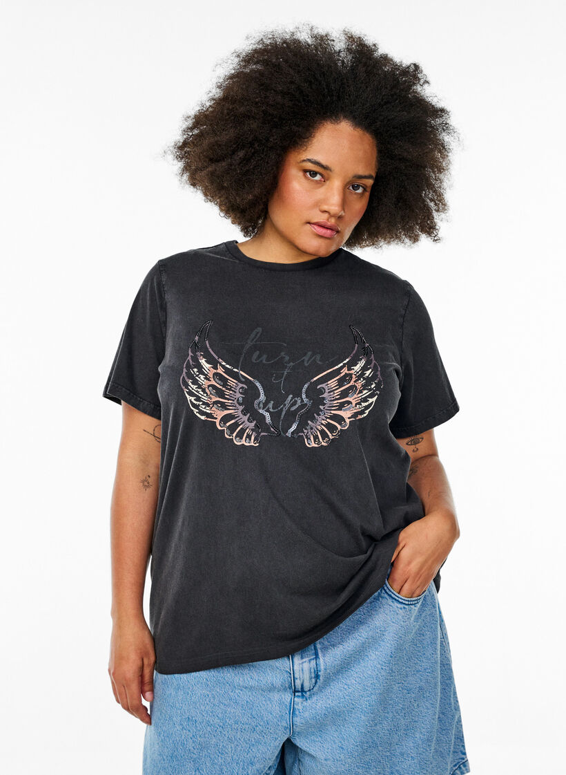 T-shirt van biologisch katoen met statementprint, Grijs, Model image number 0