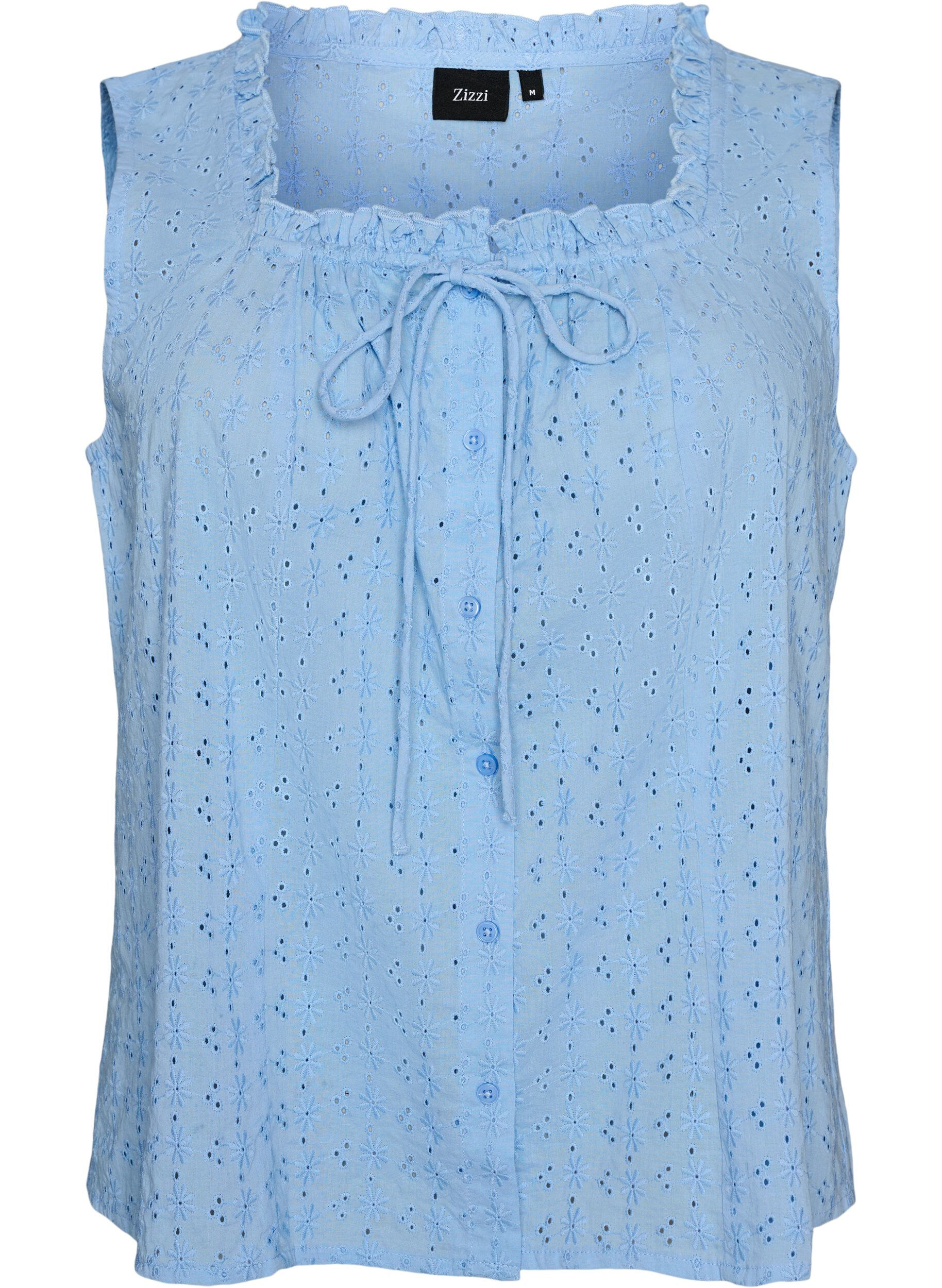 ZizziMouwloze blouse met broderie anglaise en ruches, Blauw, Packshot image number 0