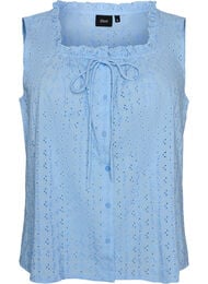 Mouwloze blouse met broderie anglaise en ruches, Blauw