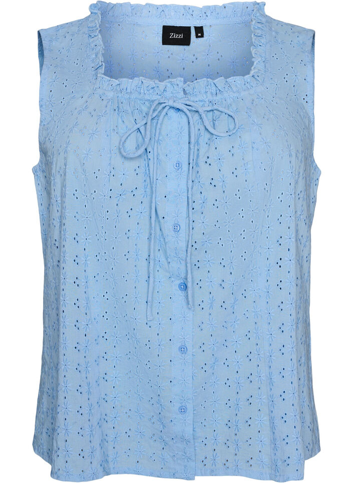Mouwloze blouse met broderie anglaise en ruches, Blauw, Packshot image number 0