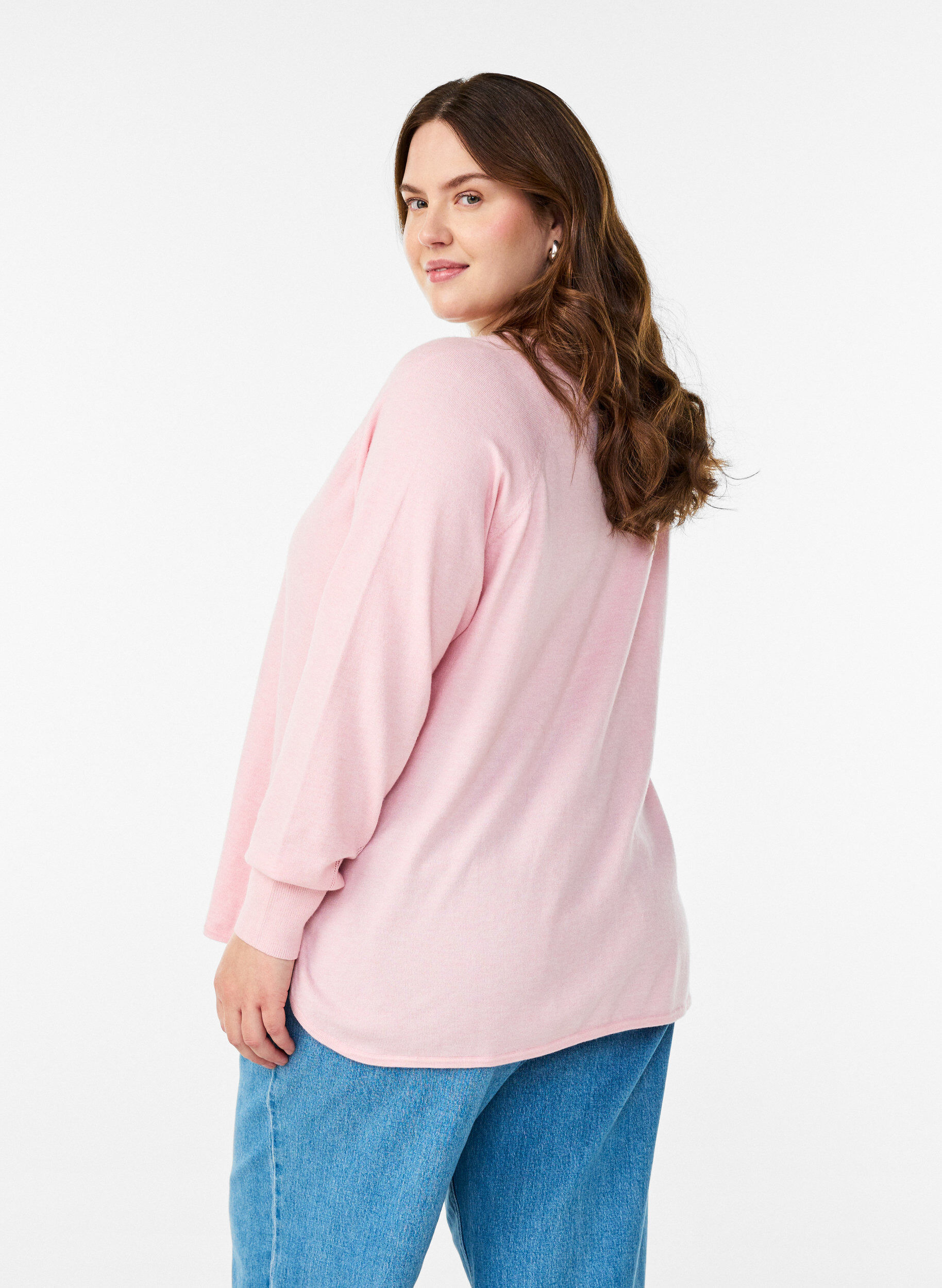 Zizzi Fijngebreide blouse met V-hals en voorkantdetail, Roze, Model image number 2