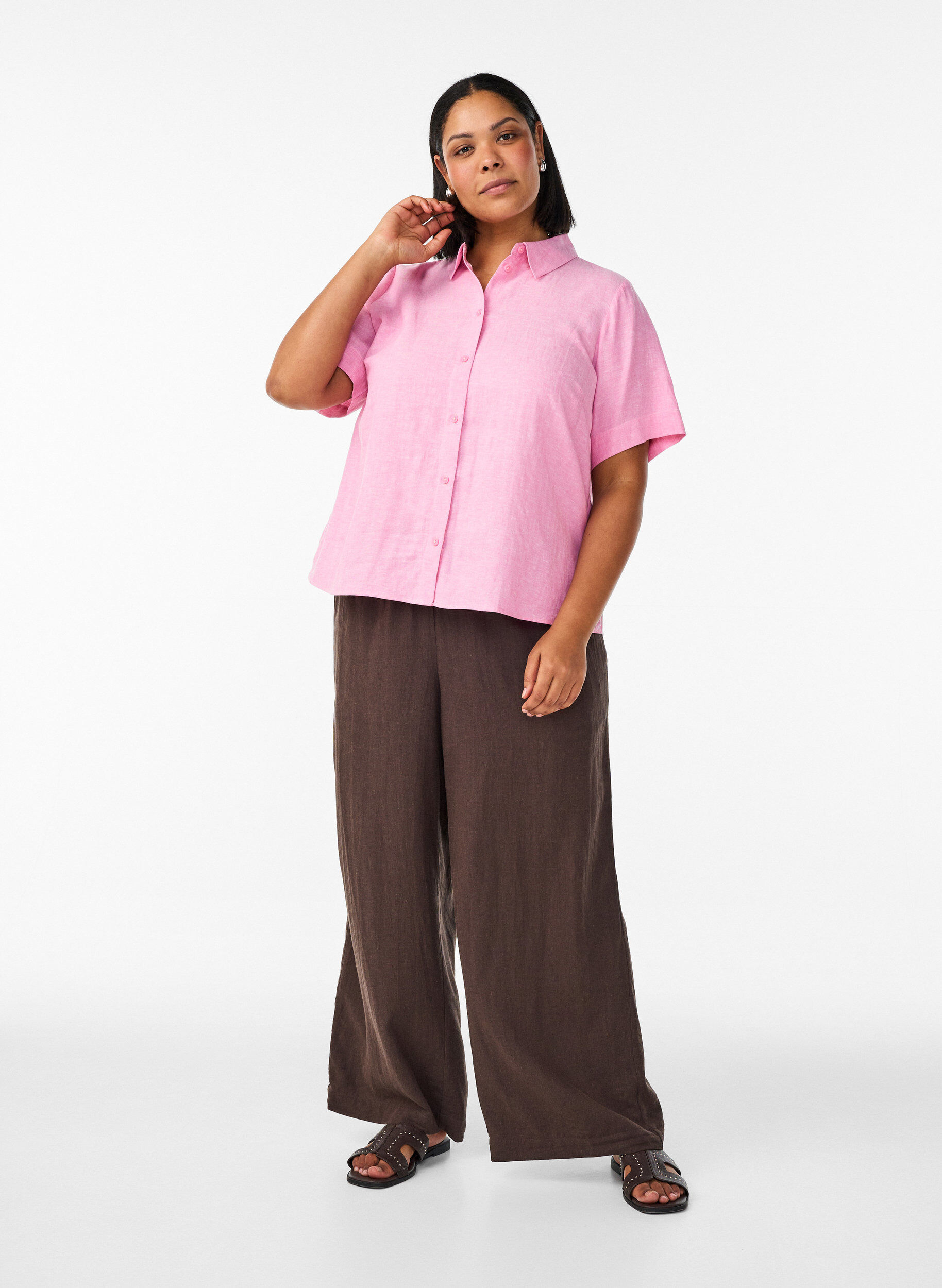 Zizzi Shirt met korte mouwen in linnen en viscose, Roze, Model image number 1