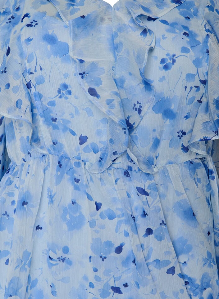 Chiffonjurk met bloemenprint, ruches en lange mouwen, Blauw, Packshot