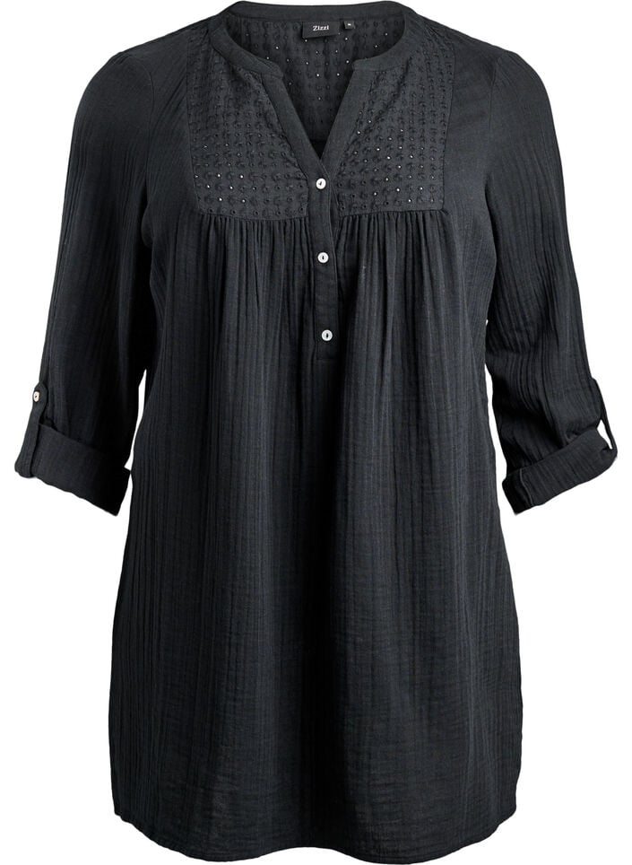 Katoenen mousseline tuniek met broderie anglaise, Zwart, Packshot image number 0