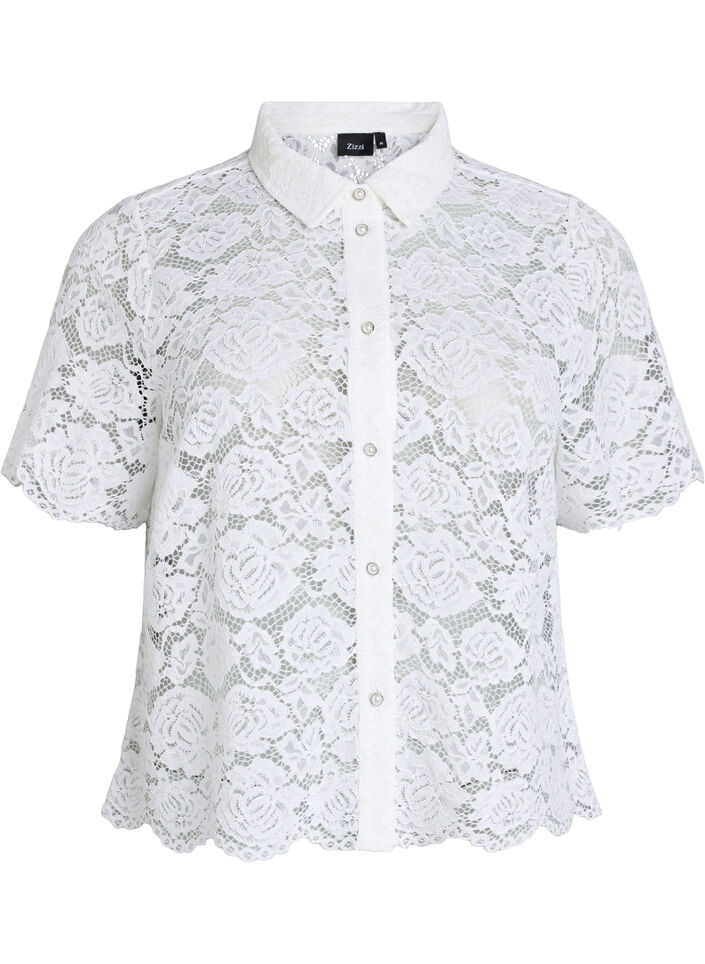 Kanten shirt blouse met parelknopen, Wit, Packshot image number 0