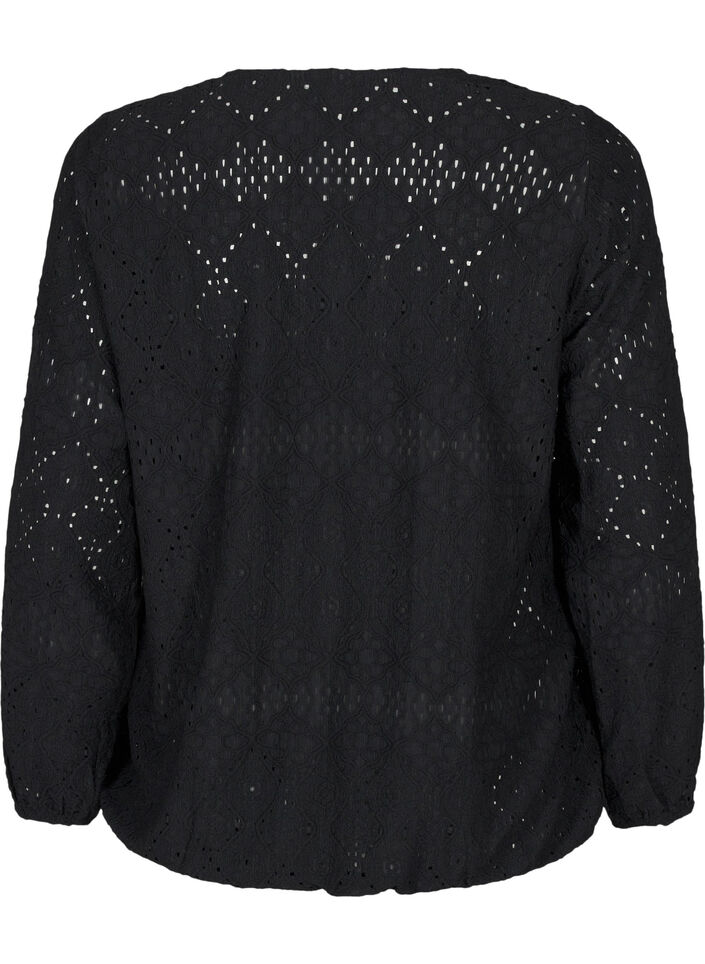 Blouse met lange mouwen, V-hals en gaatjespatroon, Black, Packshot image number 1