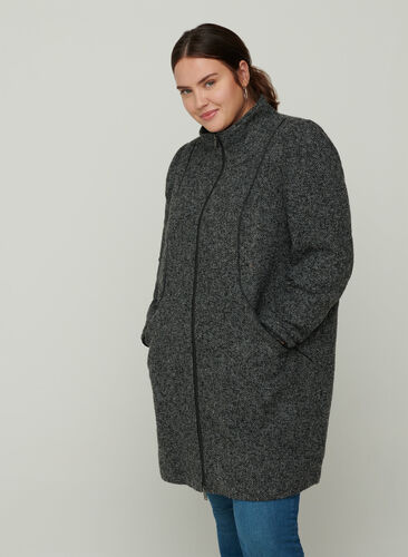 Gemêleerde jas met hoge hals en ritssluiting, Dark Grey Melange, Model image number 0