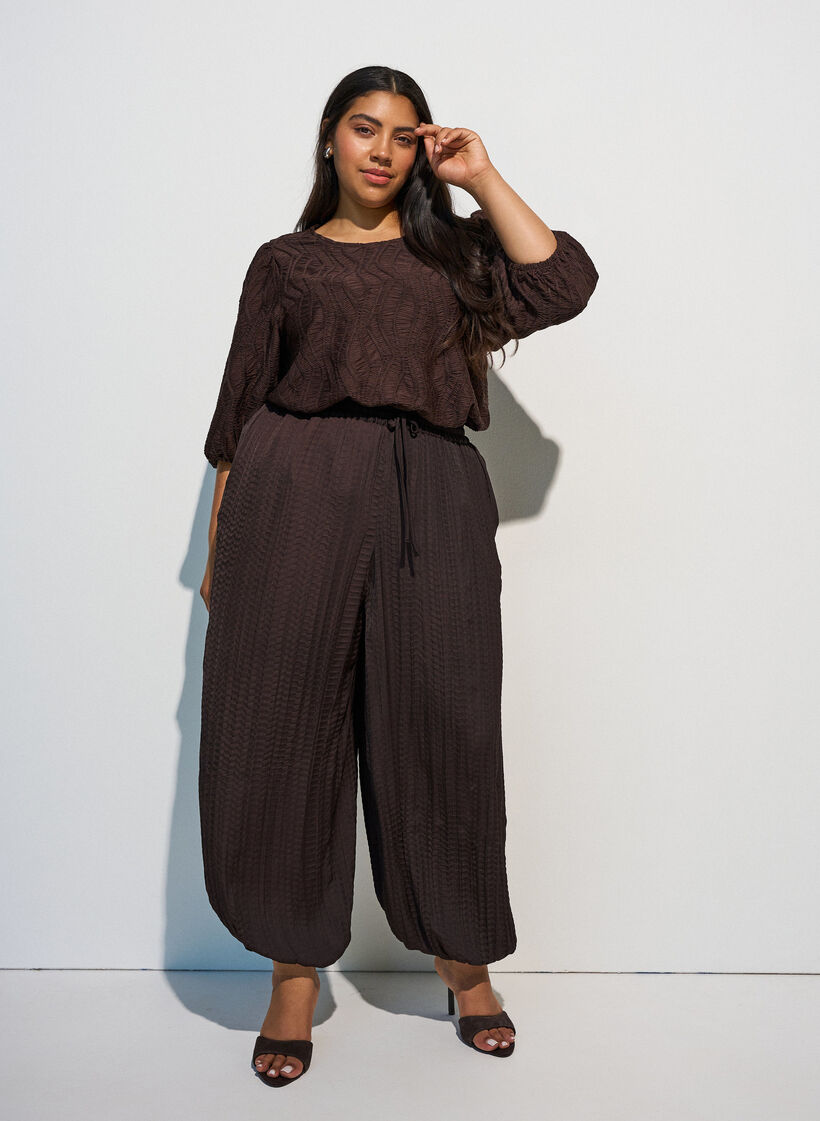 Blouse met textuur en 3/4 mouwen, Bruin, Model image number 1