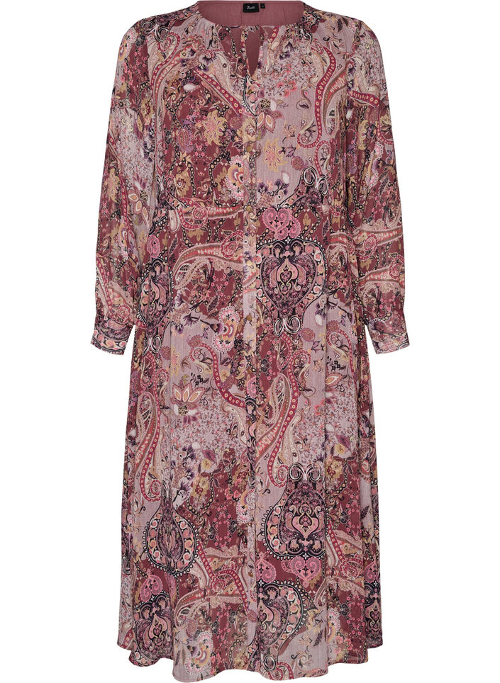 Midi-jurk met paisleyprint en elastische taille, Paars, Packshot image number 0