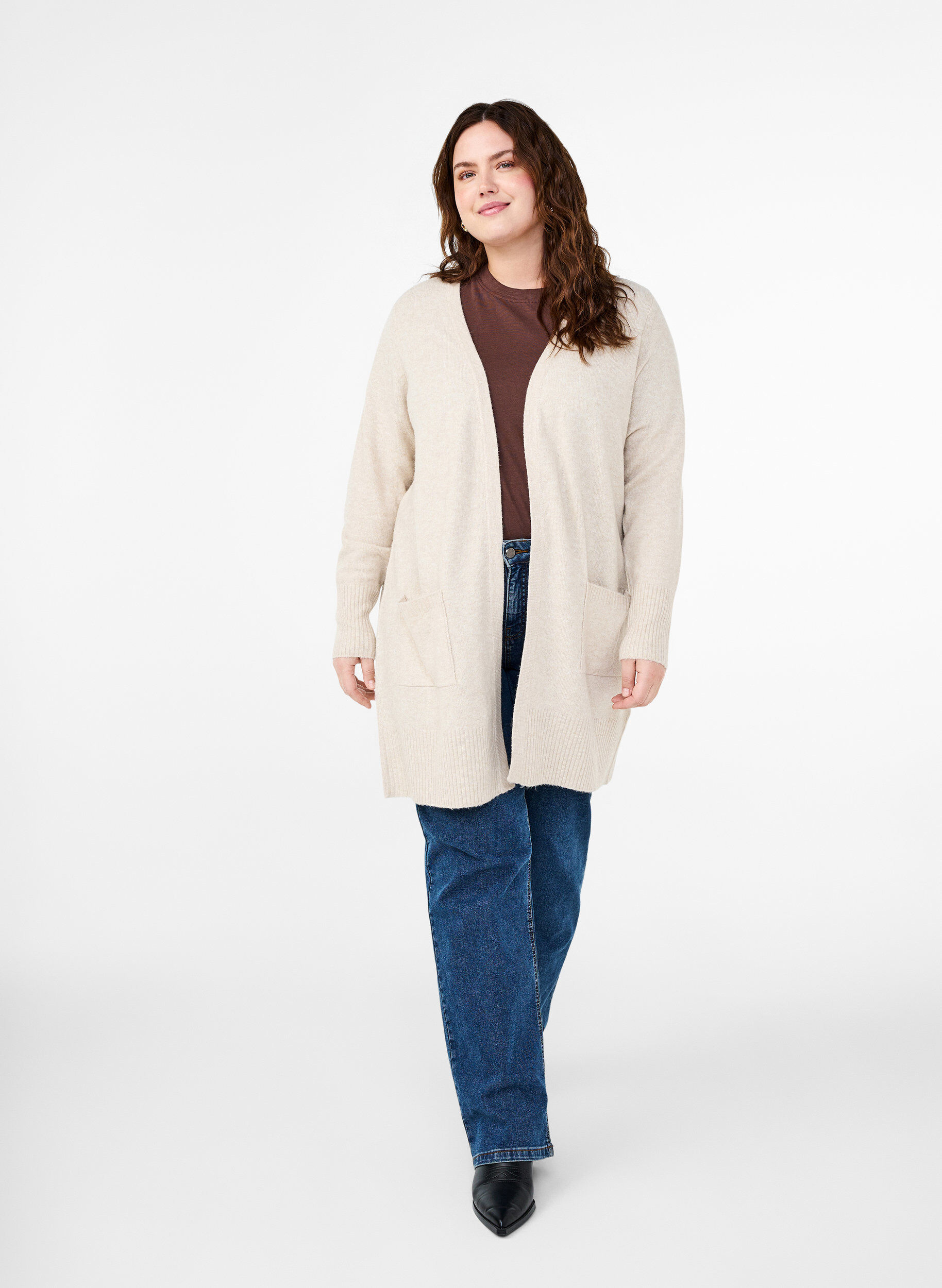 ZizziGeribd gebreid vest met zakken, Beige, Model image number 1