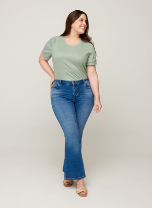 T-shirt met korte mouwen in rib en viscosemix, Lily Pad, Model image number 2