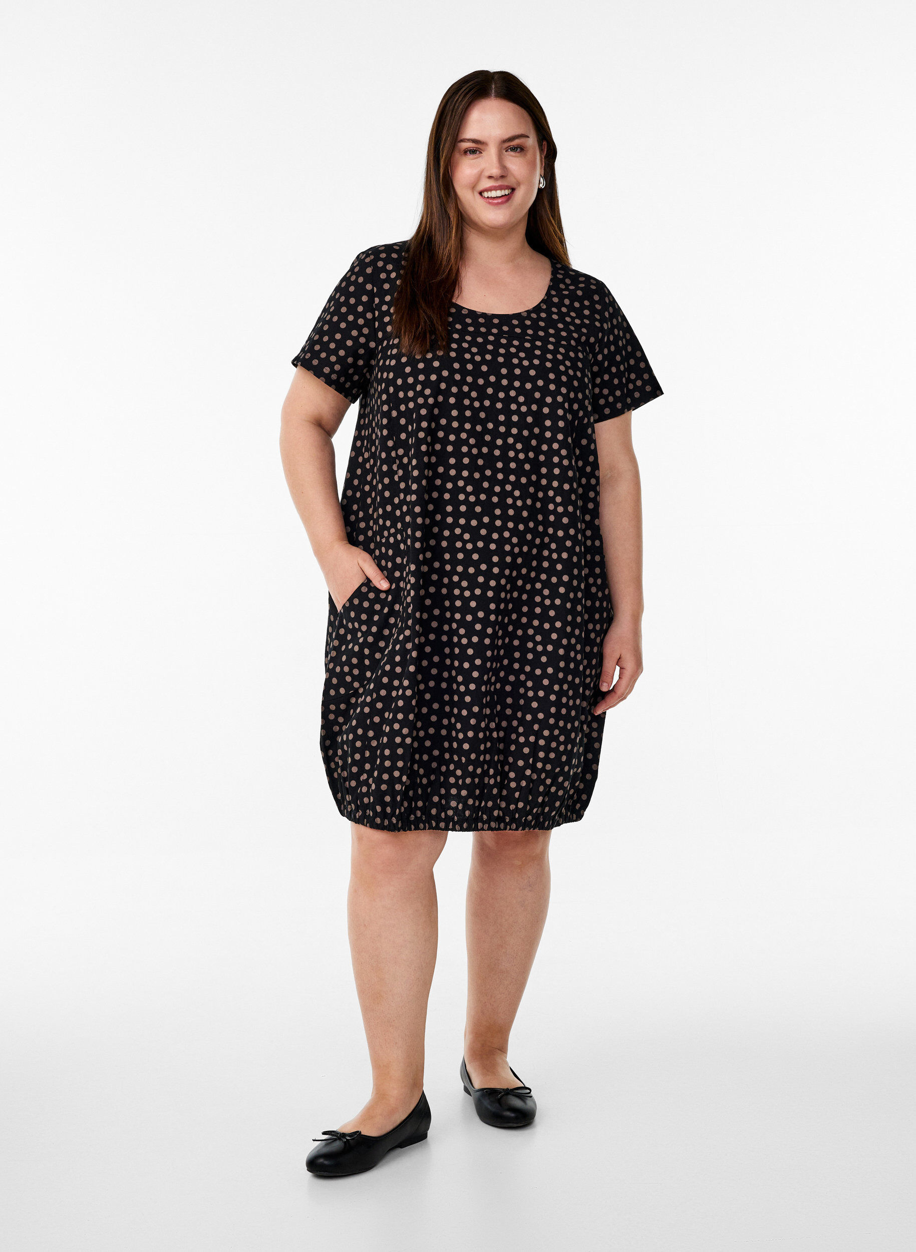 ZizziKatoenen jurk met korte mouwen en print, Bruin, Model image number 1