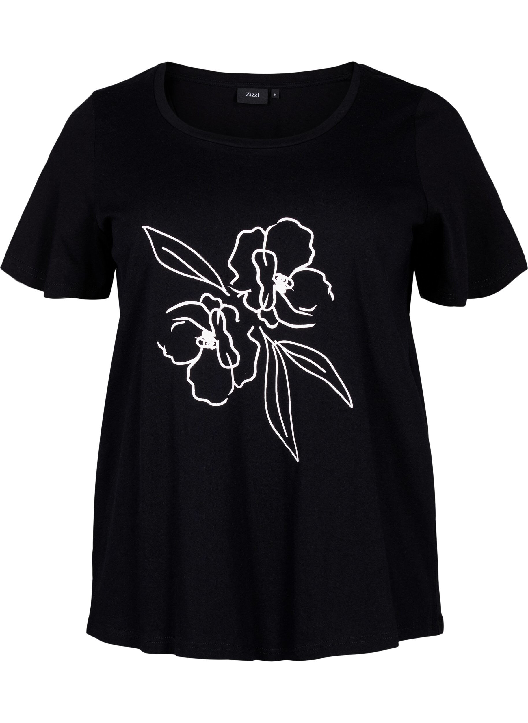 Zizzi Katoenen T-shirt met motief, Black w. Flower, Packshot image number 0