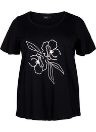 Katoenen T-shirt met motief, Black w. Flower