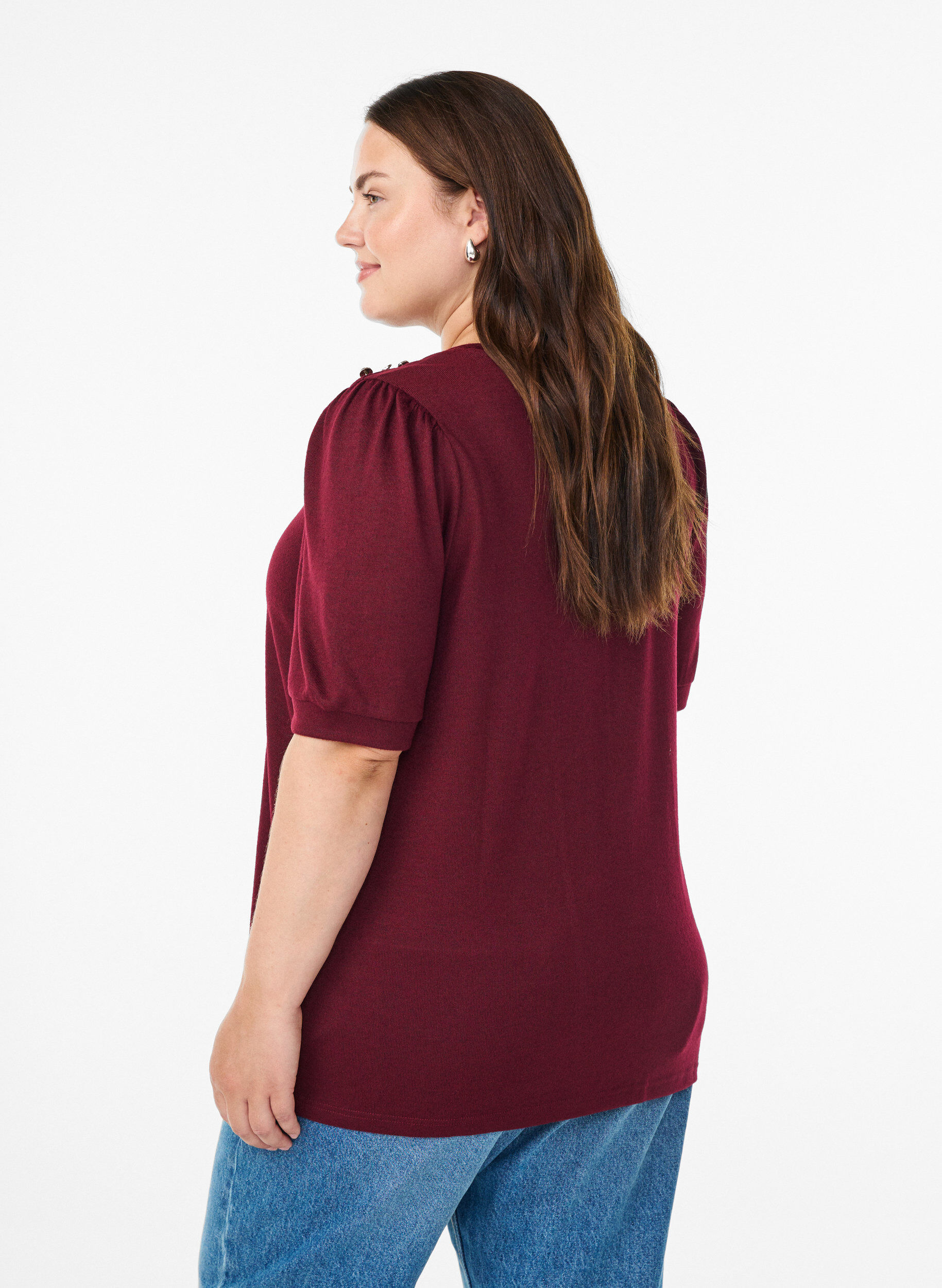 Zizzi Blouse met knoopdetail en korte pofmouwen, Donker Bordeaux, Model image number 2