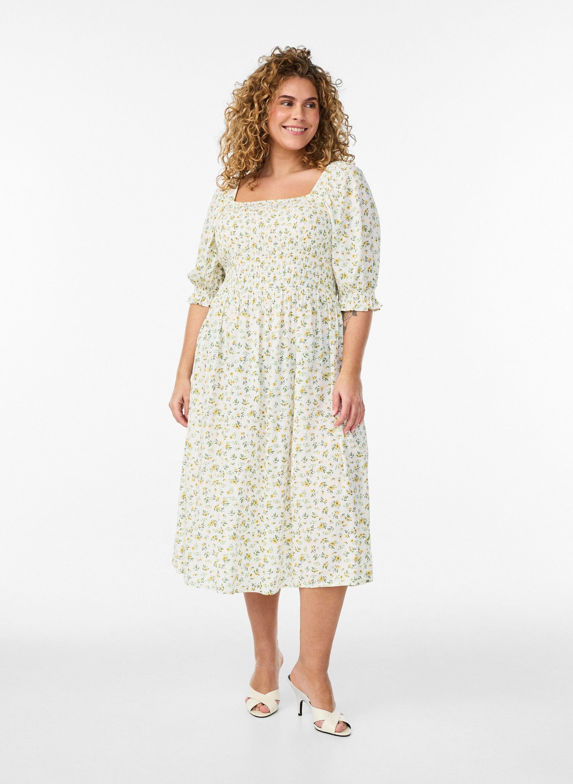 Gebloemde viscose zomerjurk, Wit, Model
