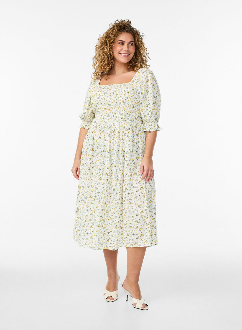 Gebloemde viscose zomerjurk, Wit, Model image number 0