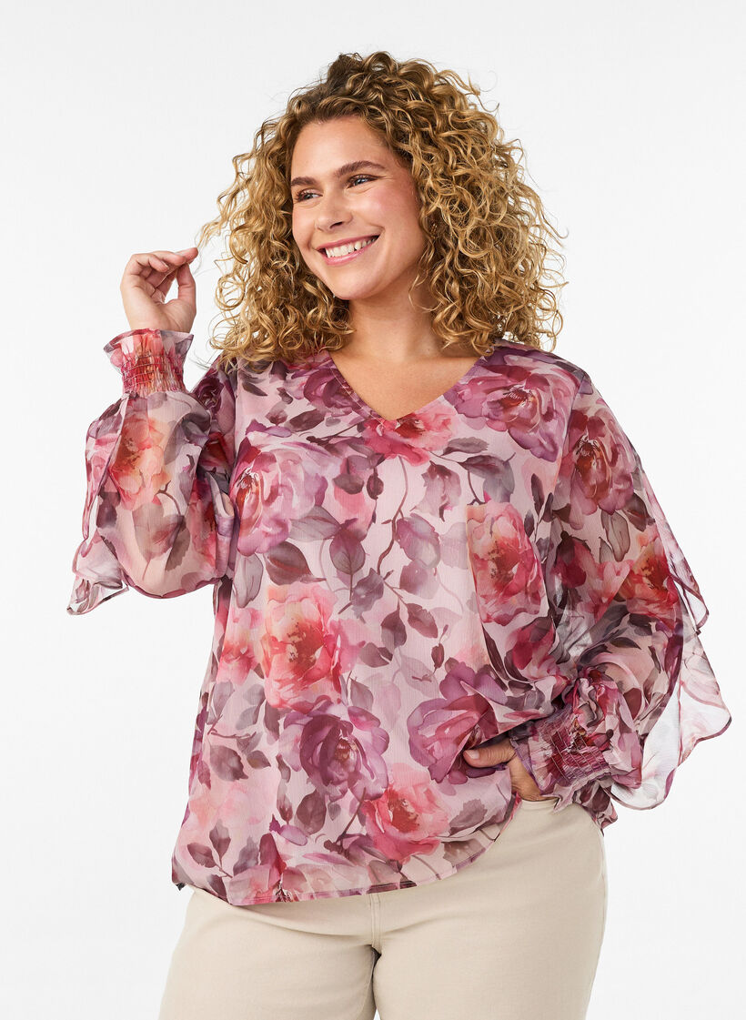 Blouse met bloemenprint, V-hals en ruches mouwen, Roze, Model image number 0