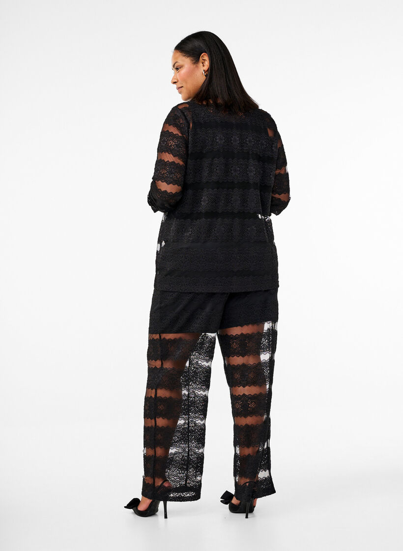 Luchtige broek met kant en doorschijnend mesh, Black, Model image number 1