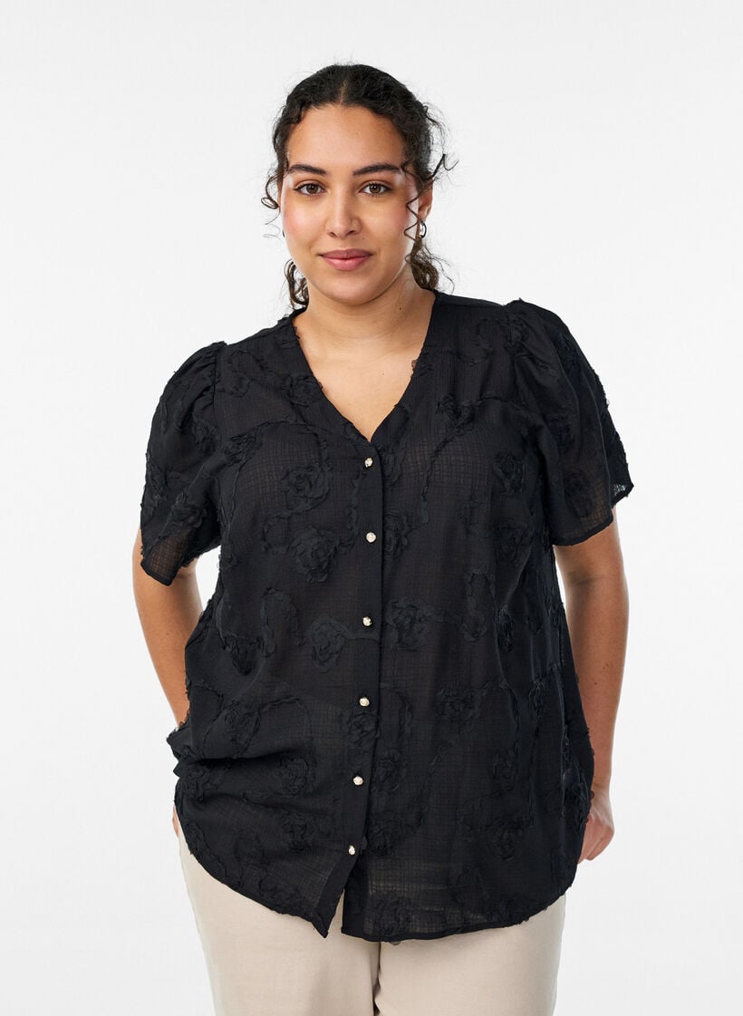 Short-sleeved shirt blouse with a 3D flower effect, Black, Model image number 0