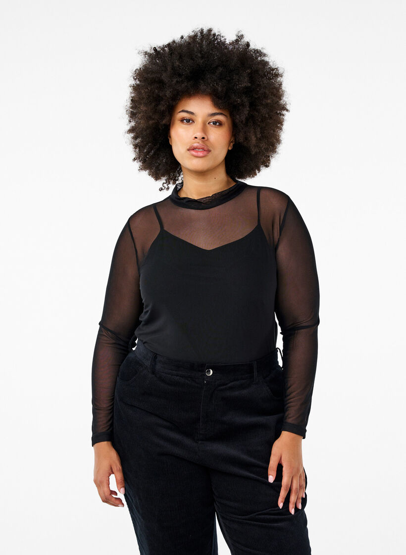 Getailleerde blouse van mesh met lange mouwen, Zwart, Model image number 0