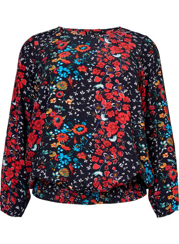 Gebloemde viscose blouse met smok, Black Flower, Packshot image number 0