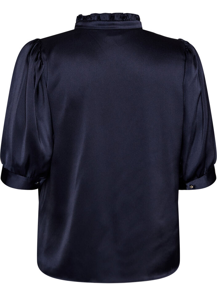 Blouse met satinlook, 1/2-mouwen en rucheskraag, Blauw, Packshot image number 1