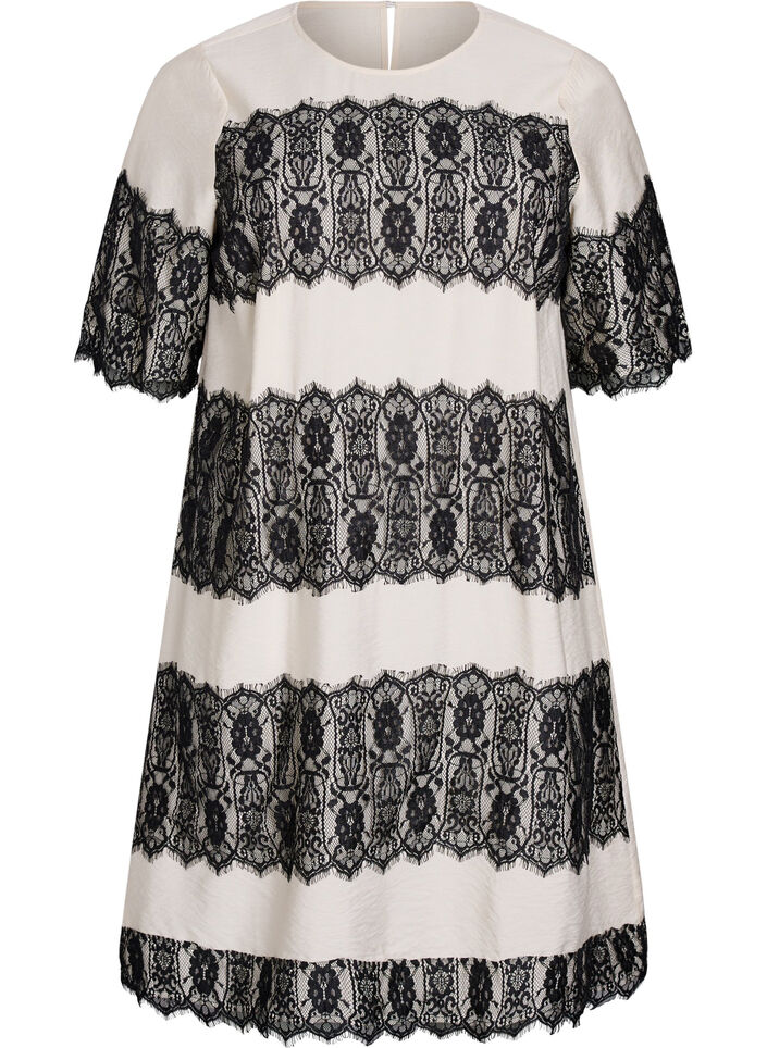 Korte jurk met contrasterende kanten panelen, Beige, Packshot image number 0