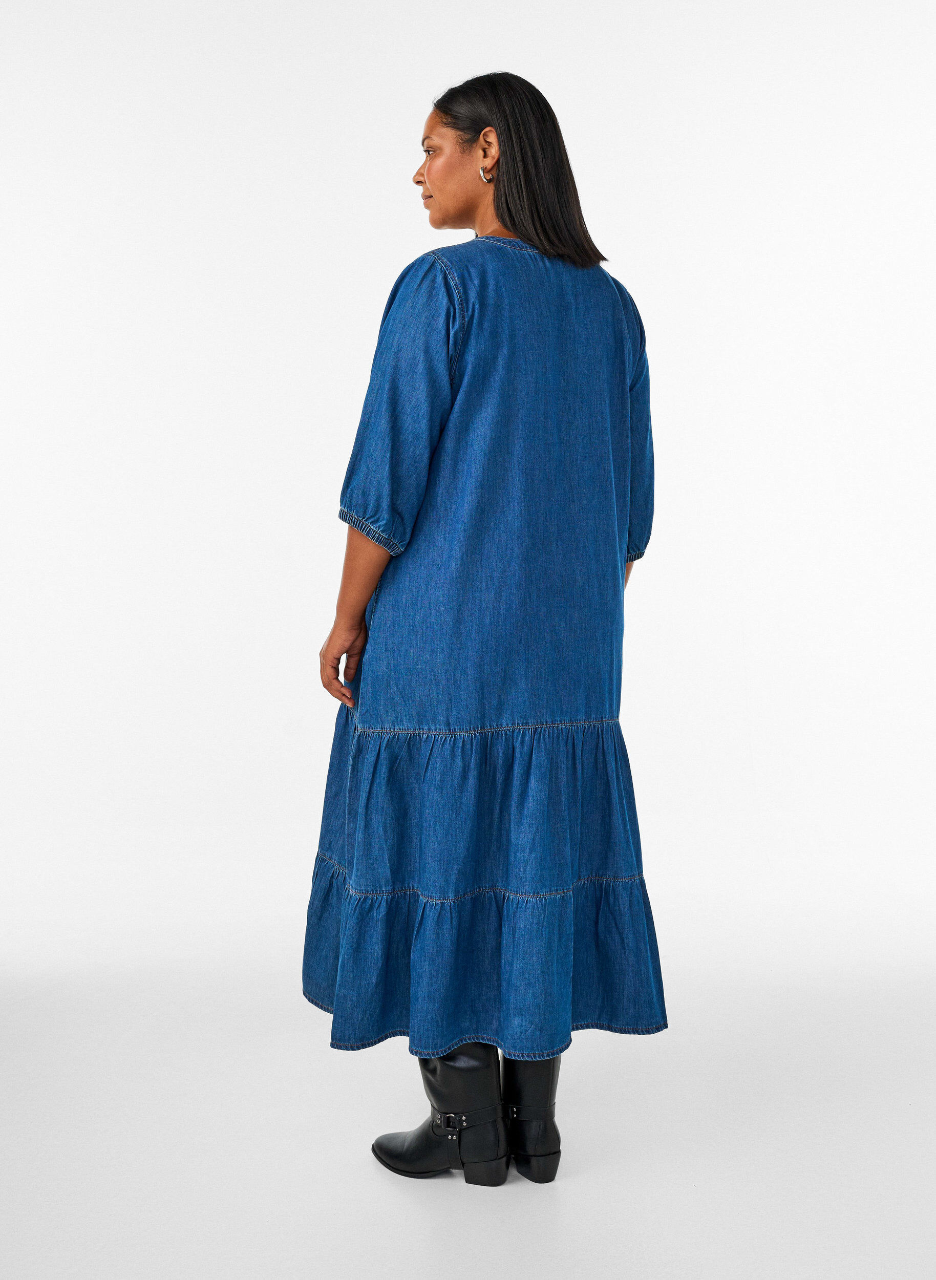 ZizziDenim maxi-jurk met gerimpelde lagen, Blauw, Model image number 1