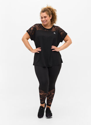 Cropped legging met patroon en mesh, Black, Model image number 0