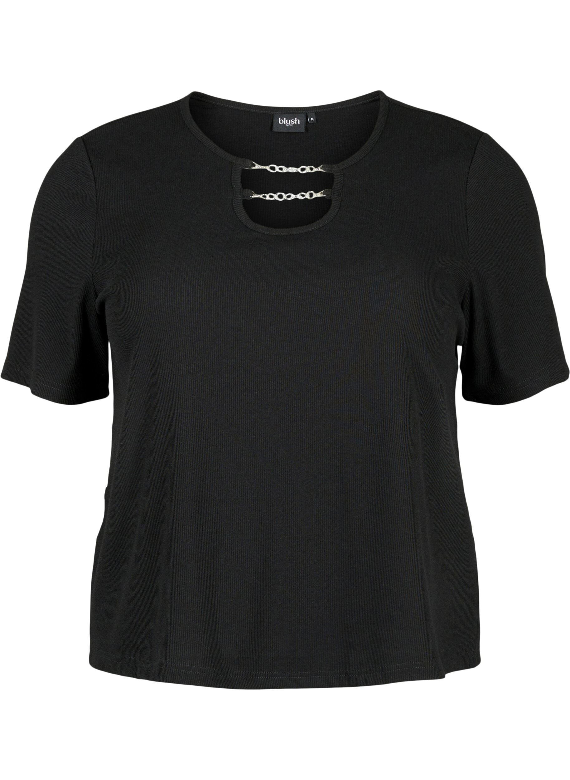 Zizzi Geribde blouse met ketting detail, Black, Packshot image number 0