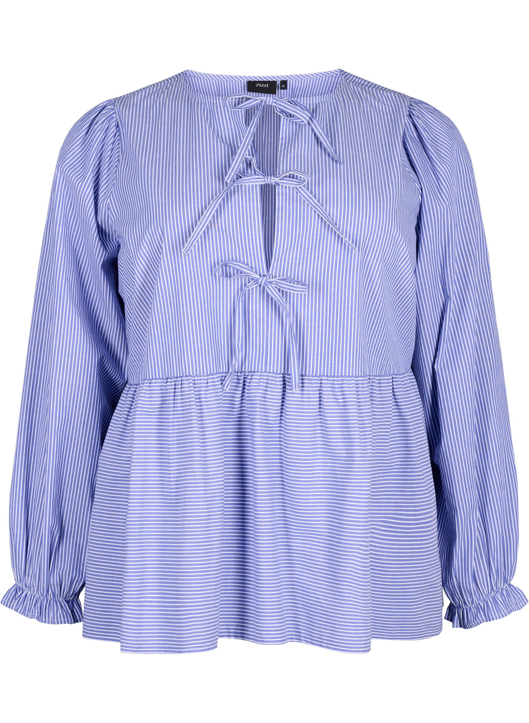 Zizzi Gestreepte katoenen blouse met strik detail, Baja Blue Stripe, Packshot image number 0