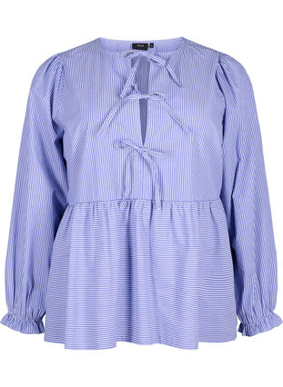 Gestreepte katoenen blouse met strik detail, Baja Blue Stripe, Packshot image number 0