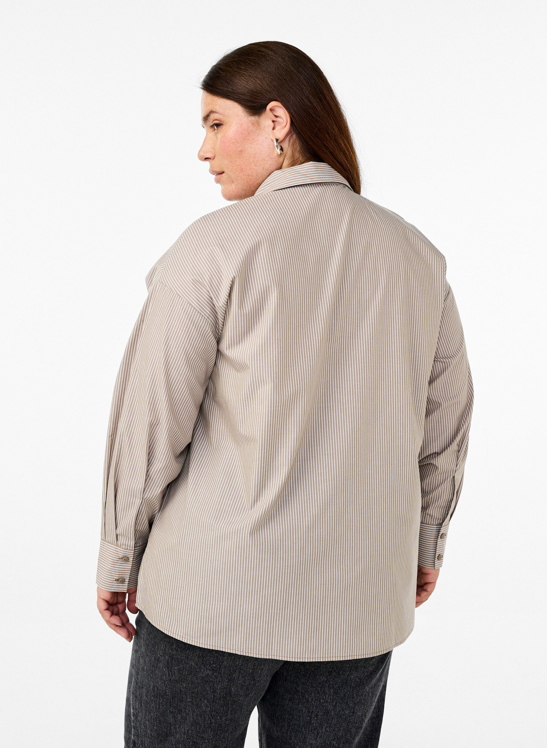 Zizzi Losse shirt met lange mouwen en strepen, Bruin, Model image number 2