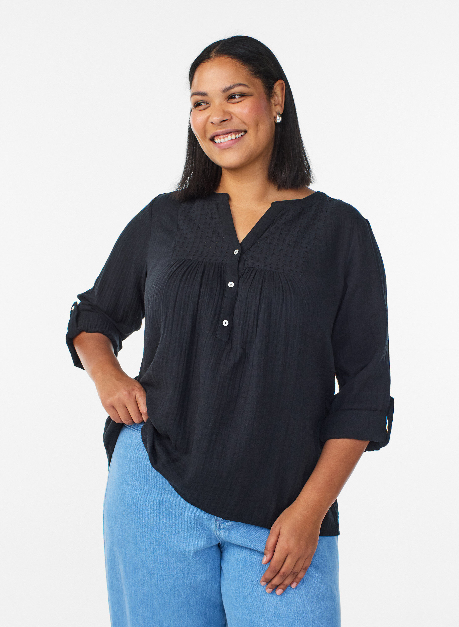 ZizziBlouse in katoenen mousseline met broderie anglaise, Zwart, Model image number 0